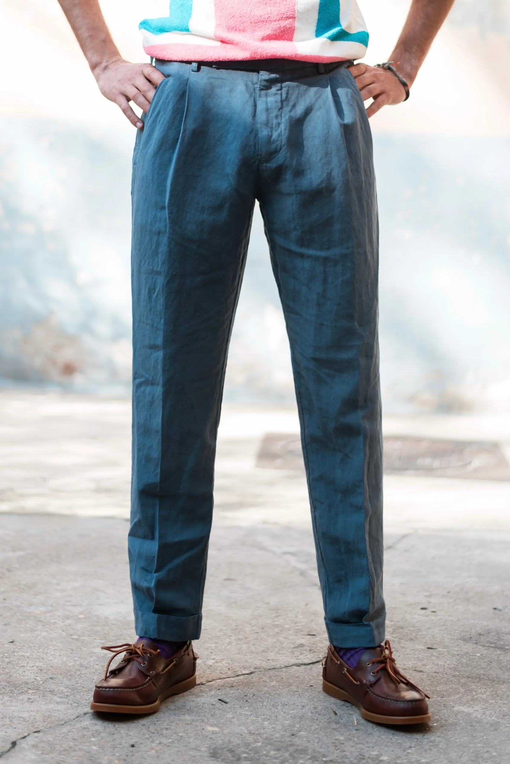 FRESH Lyocell Linen One-Pleat Chino Pants In Blue