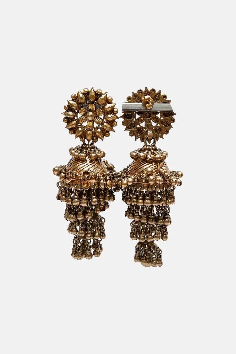 Gold Polished Flower Motif Three Layered Jhumkis