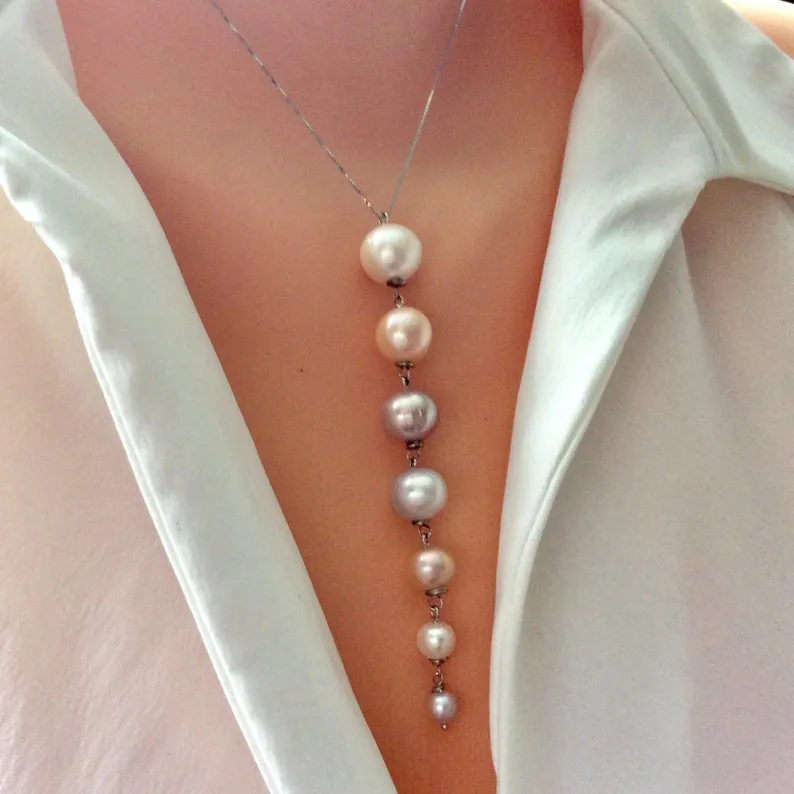 Graduating Pearl & Gold Necklace, Pearl Cascade Pendant, 18k Solid White Gold