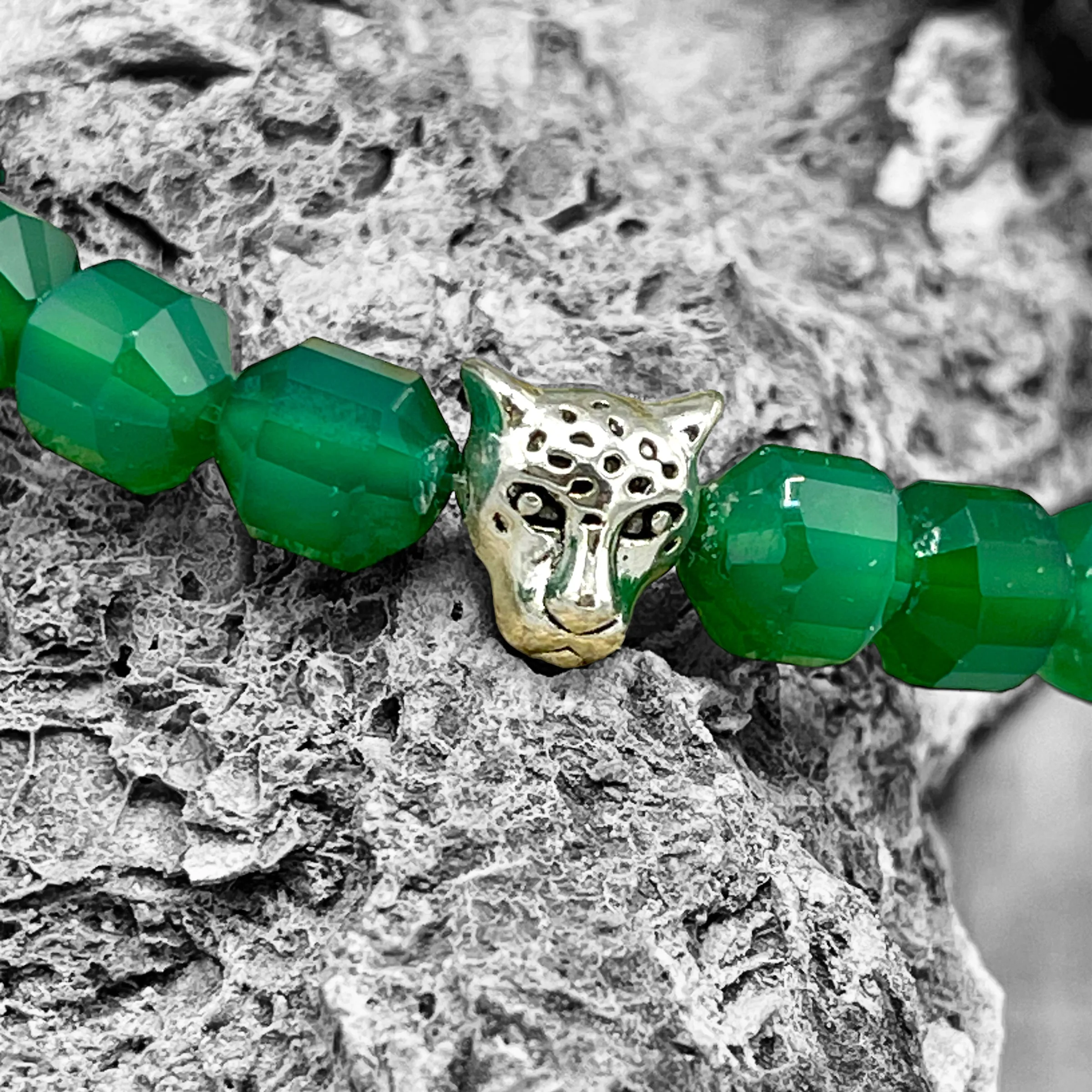 Green Agate and Silver Leopard Bracelet