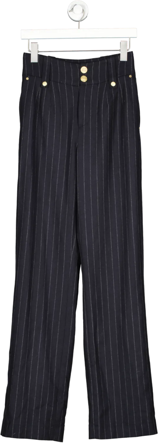 Holland Cooper Blue High Waisted Straight Trouser Navy Chalk Pin Stripe UK 6