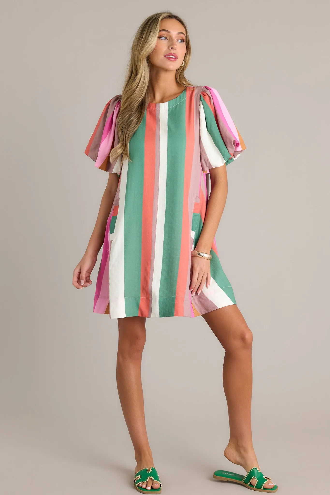 Horizon Haven Green Multi Stripe Mini Dress