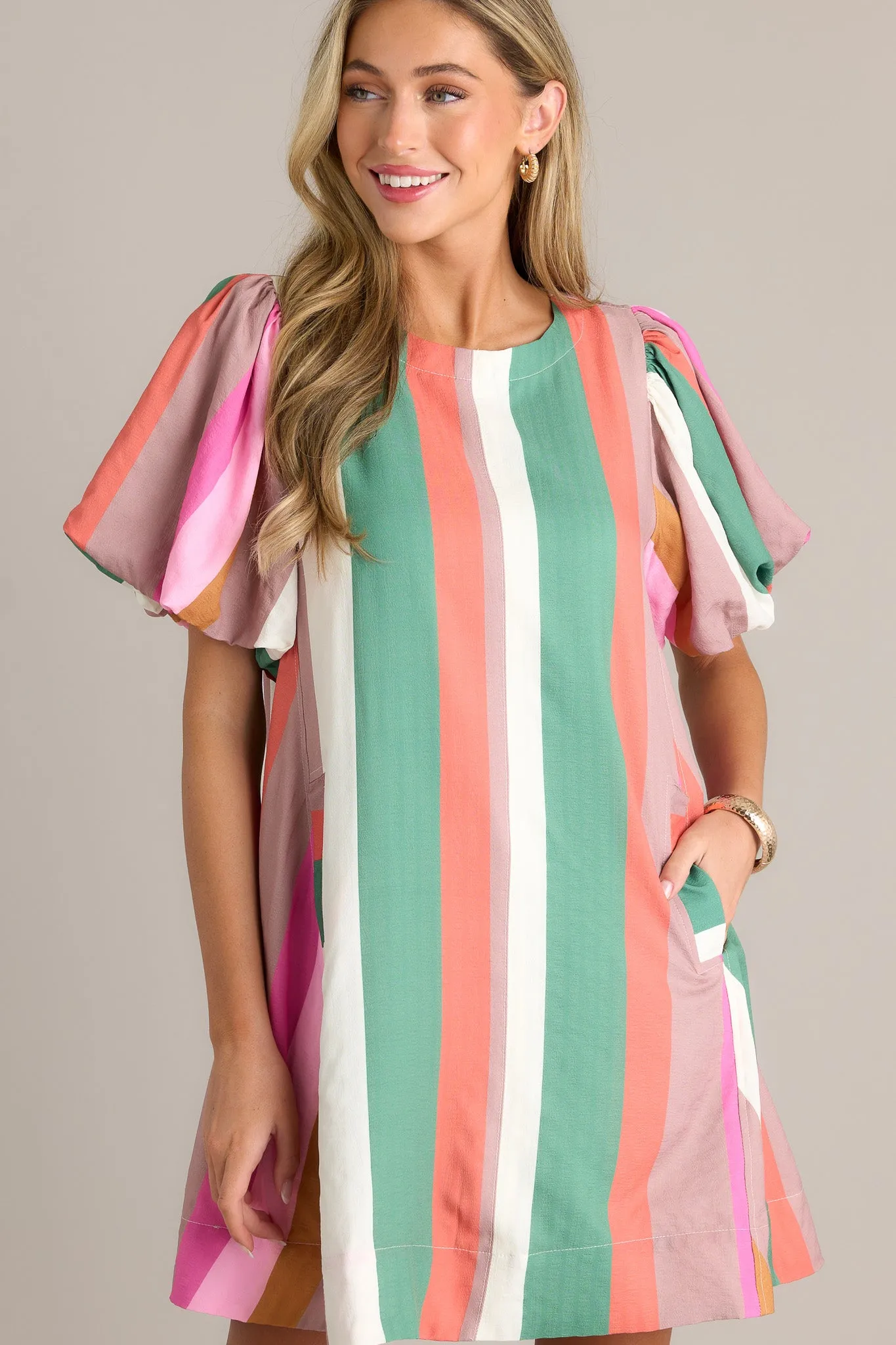 Horizon Haven Green Multi Stripe Mini Dress