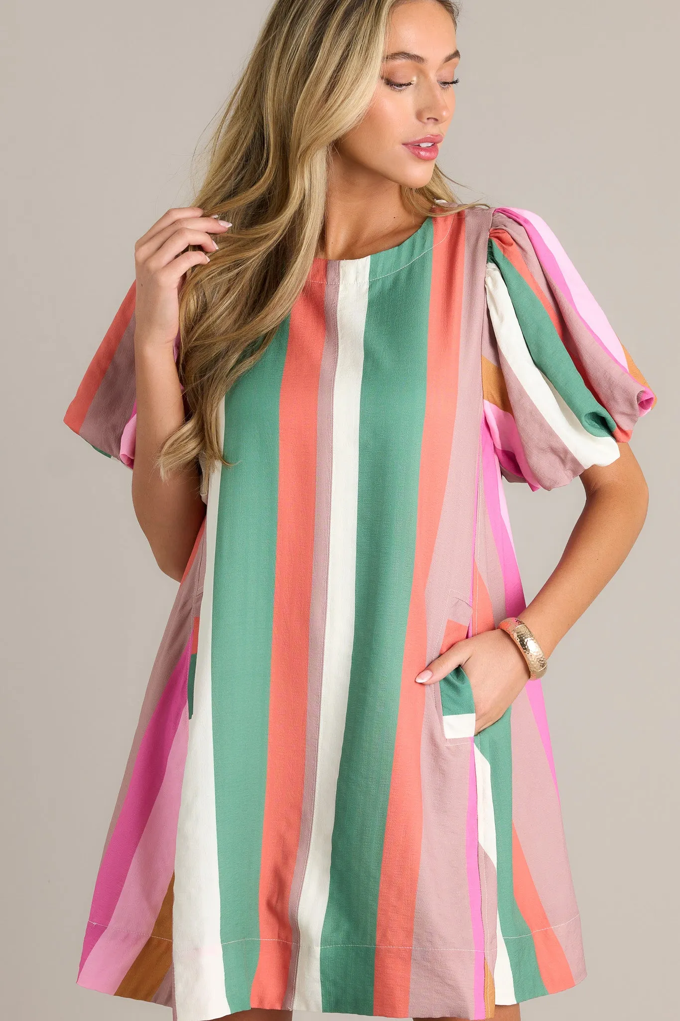 Horizon Haven Green Multi Stripe Mini Dress