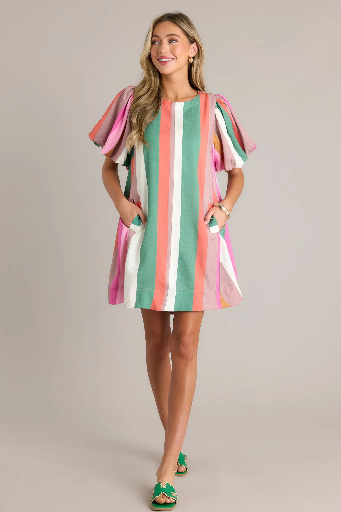 Horizon Haven Green Multi Stripe Mini Dress