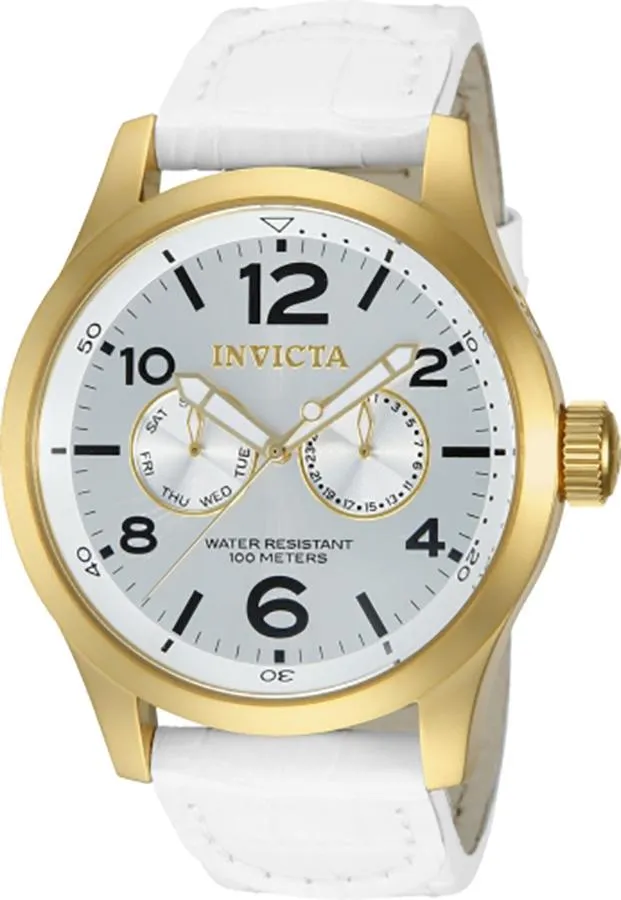 Invicta Mens Specialty - Gold-Tone - Genuine Calf Leather - Silver Dial