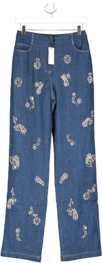 Karen Millen Blue Embellished Mid Rise Straight Leg Denim Jeans UK 6