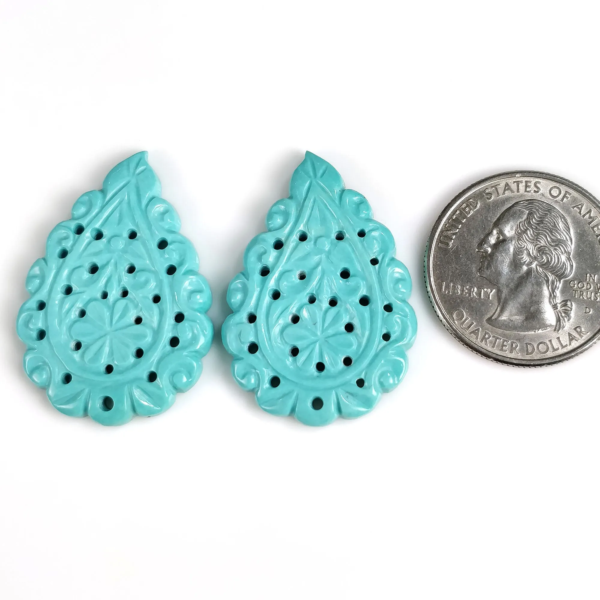 Kingman ARIZONA TURQUOISE Carving December Birthstone : 36.50cts Natural Sleeping Beauty Turquoise Hand Carved Indian LEAVES 34*24mm Pair