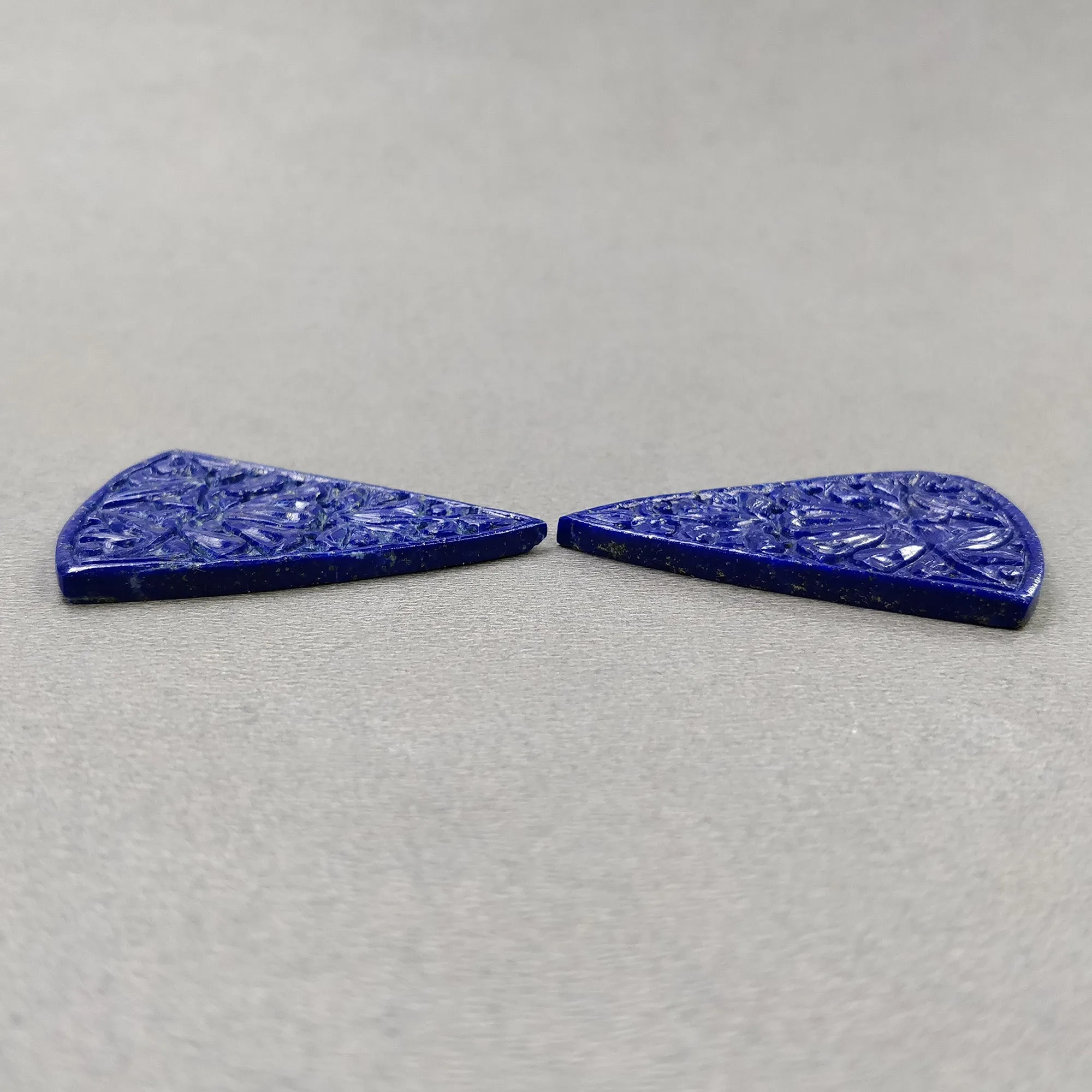 LAPIS LAZULI Gemstone Carving : 55.00cts Natural Untreated Lapis Hand Carved Triangle Shape 41*30mm Pair