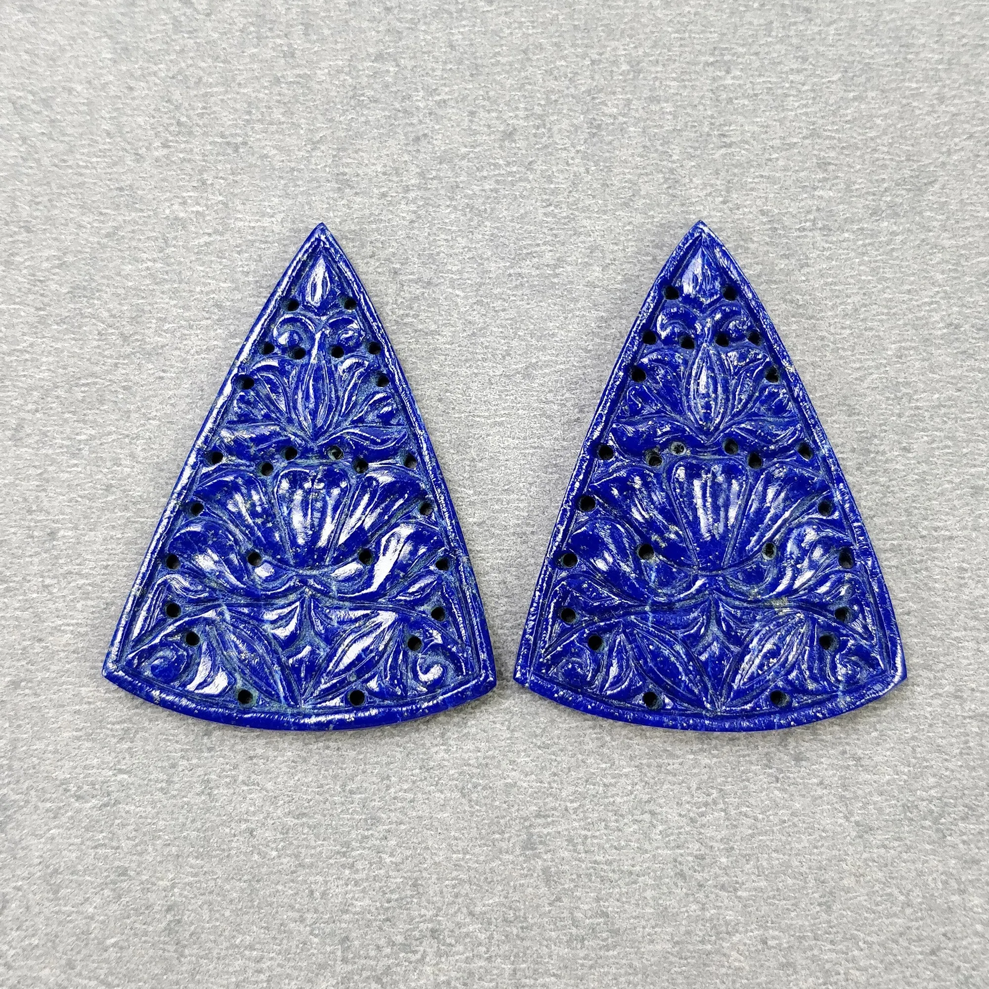 LAPIS LAZULI Gemstone Carving : 55.00cts Natural Untreated Lapis Hand Carved Triangle Shape 41*30mm Pair