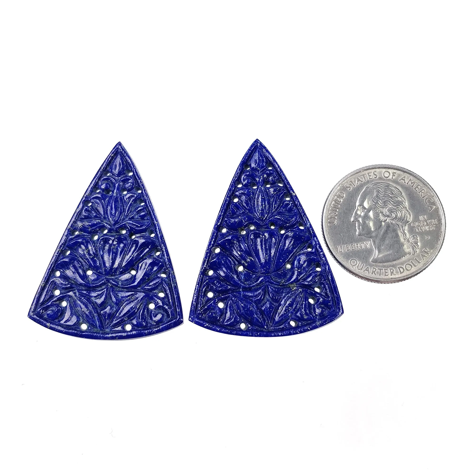 LAPIS LAZULI Gemstone Carving : 55.00cts Natural Untreated Lapis Hand Carved Triangle Shape 41*30mm Pair