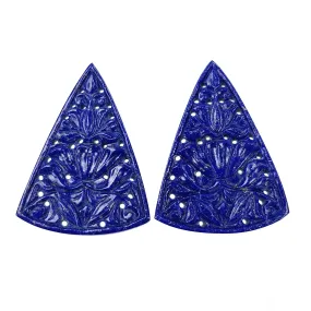 LAPIS LAZULI Gemstone Carving : 55.00cts Natural Untreated Lapis Hand Carved Triangle Shape 41*30mm Pair