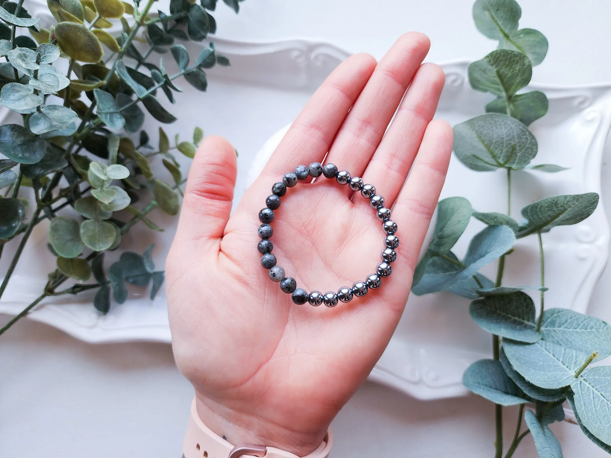 Larvikite & Hematite Beaded Bracelet || Reiki Infused