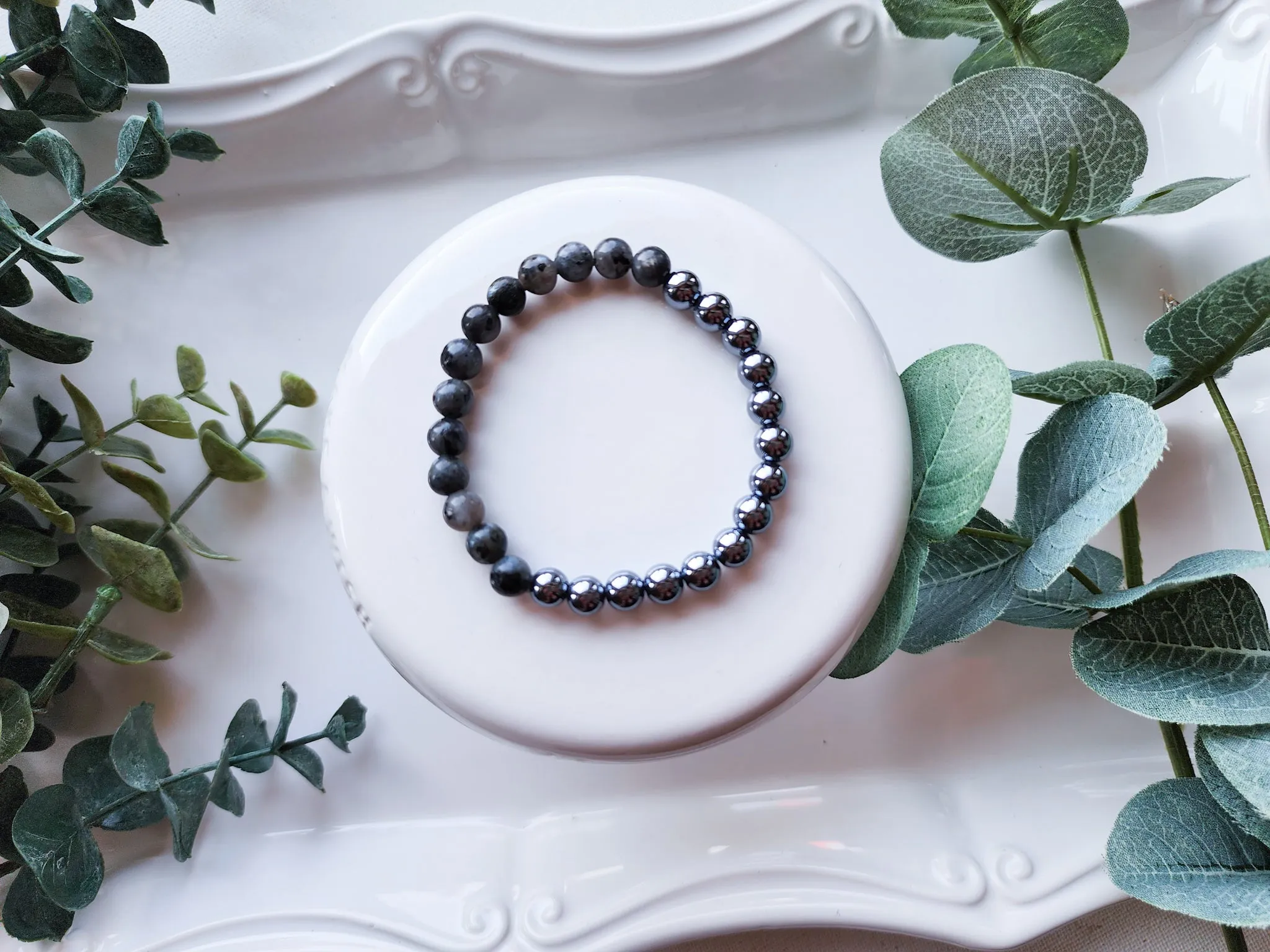 Larvikite & Hematite Beaded Bracelet || Reiki Infused