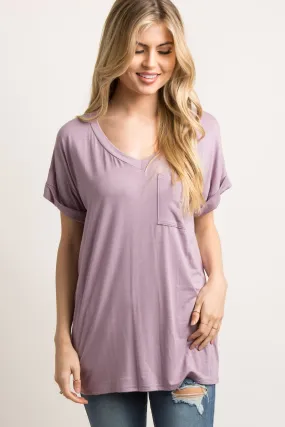 Lavender Basic V-Neck Pocket Top