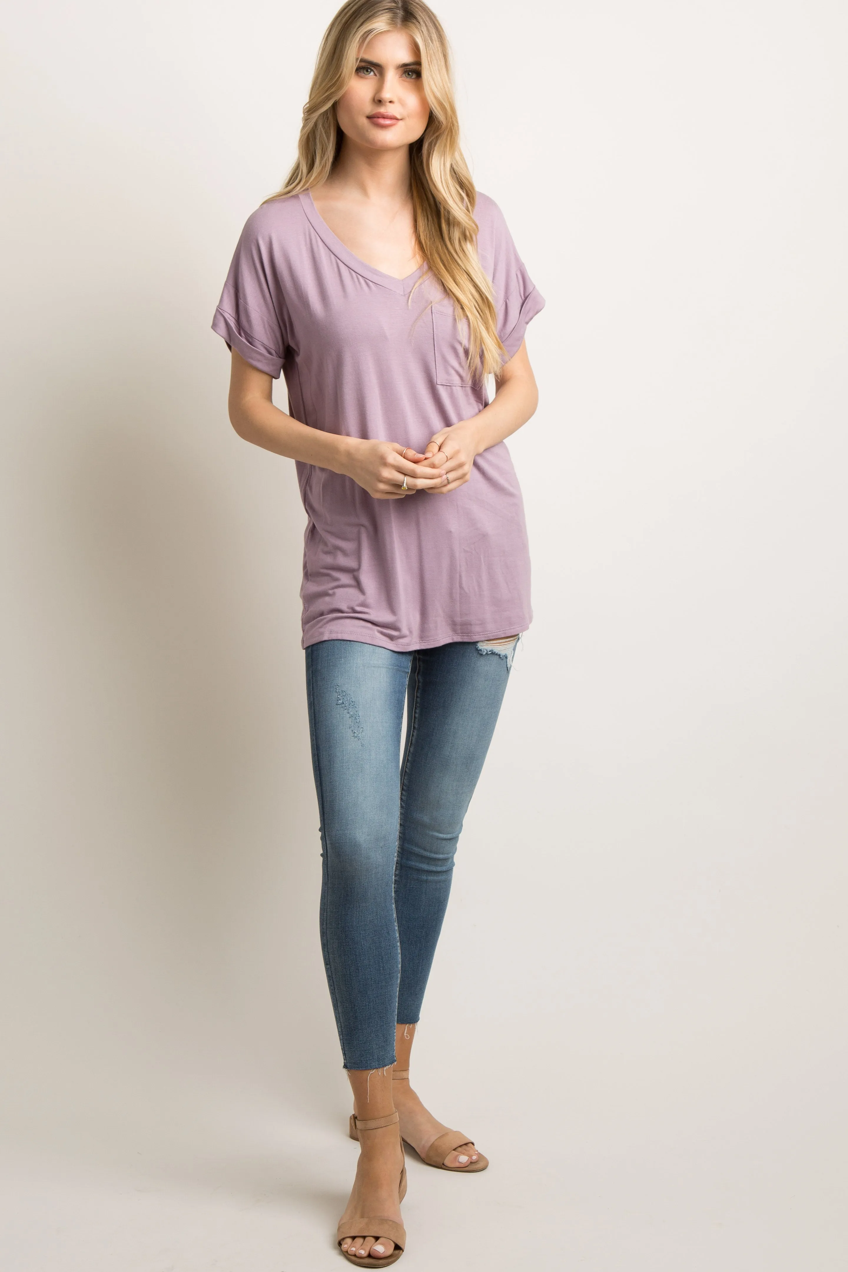 Lavender Basic V-Neck Pocket Top