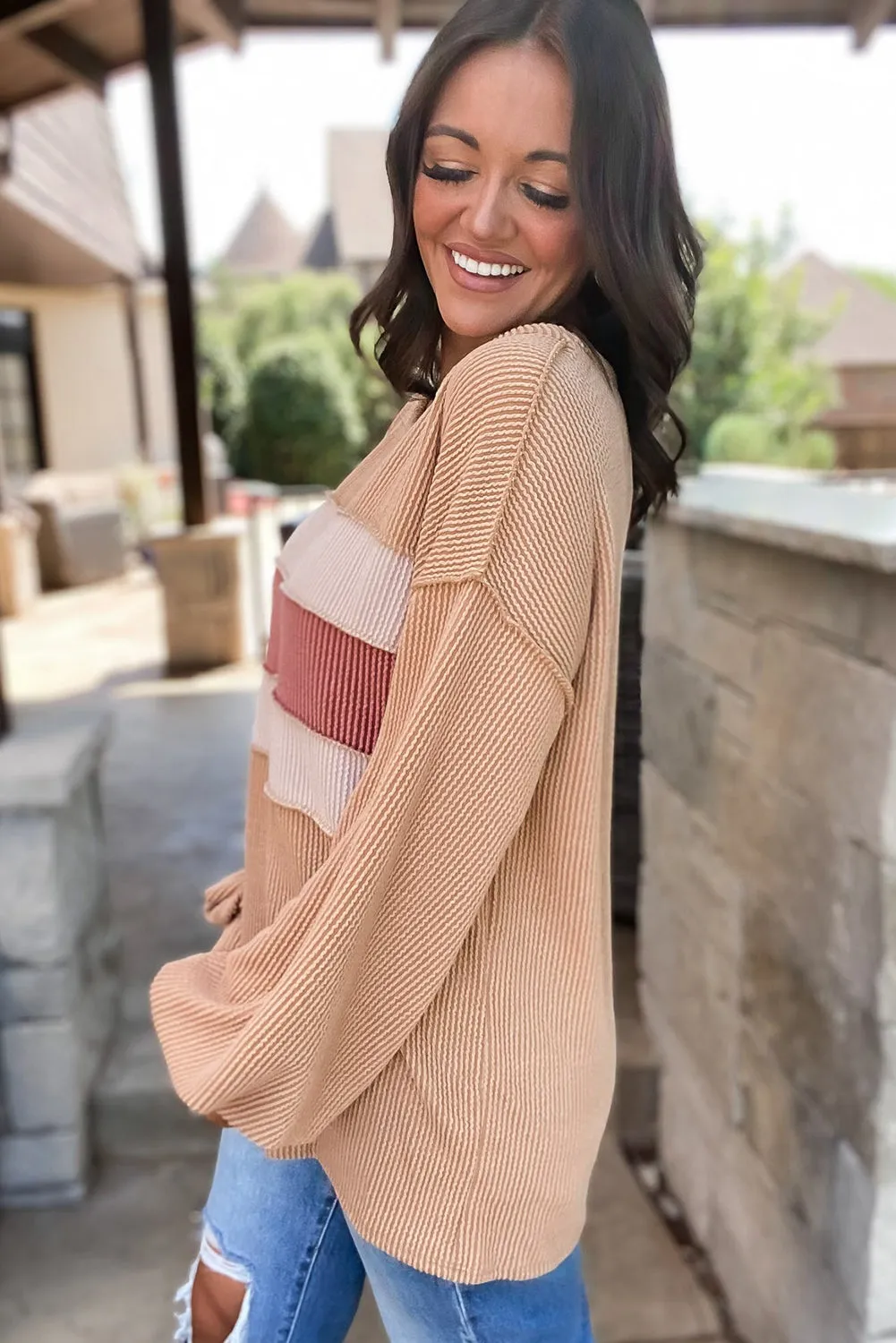 Light French Beige Colorblock Rib Corded Sweatshirt