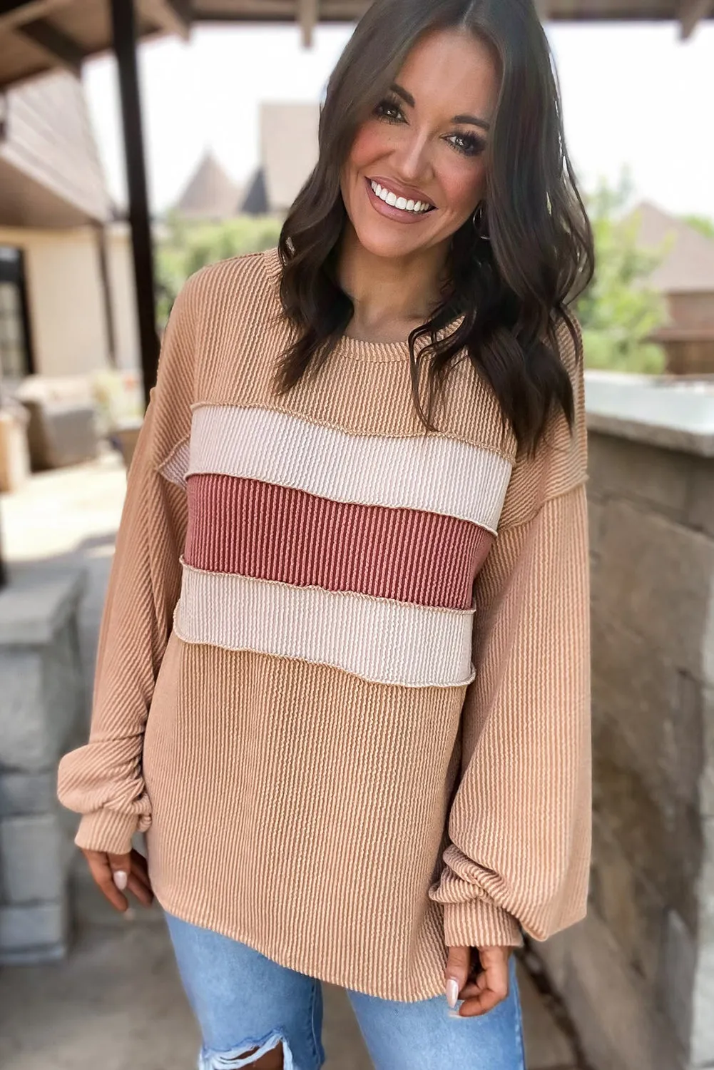 Light French Beige Colorblock Rib Corded Sweatshirt