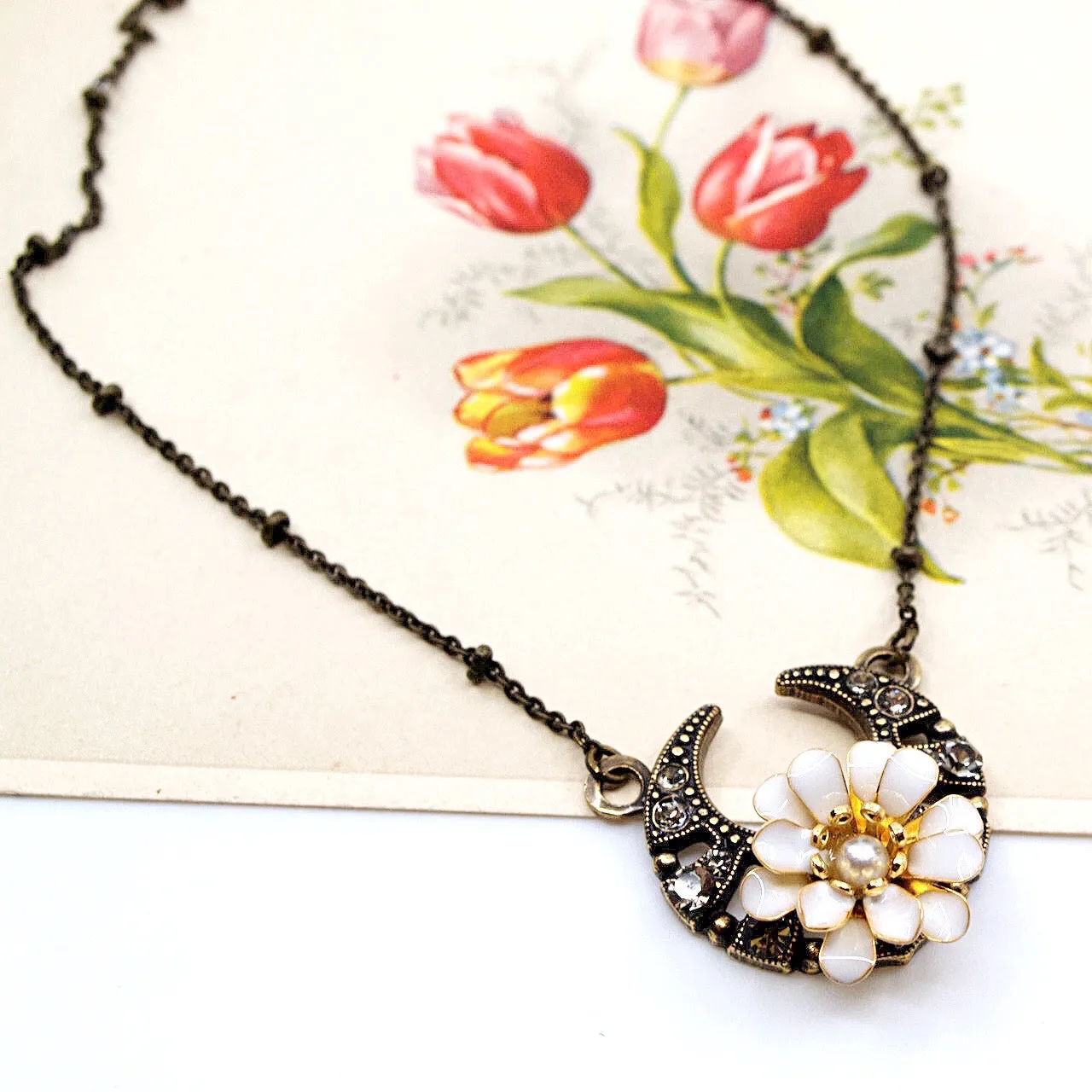 *LIMITED EDITION* Swarovski Crescent and Cream Flower Pendant Necklace by Eric et Lydie