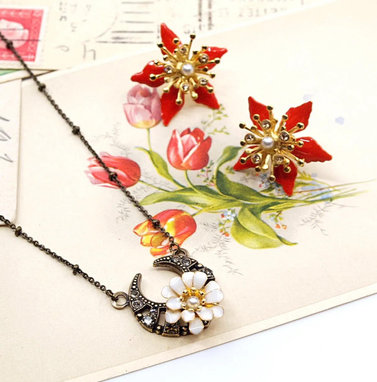 *LIMITED EDITION* Swarovski Crescent and Cream Flower Pendant Necklace by Eric et Lydie