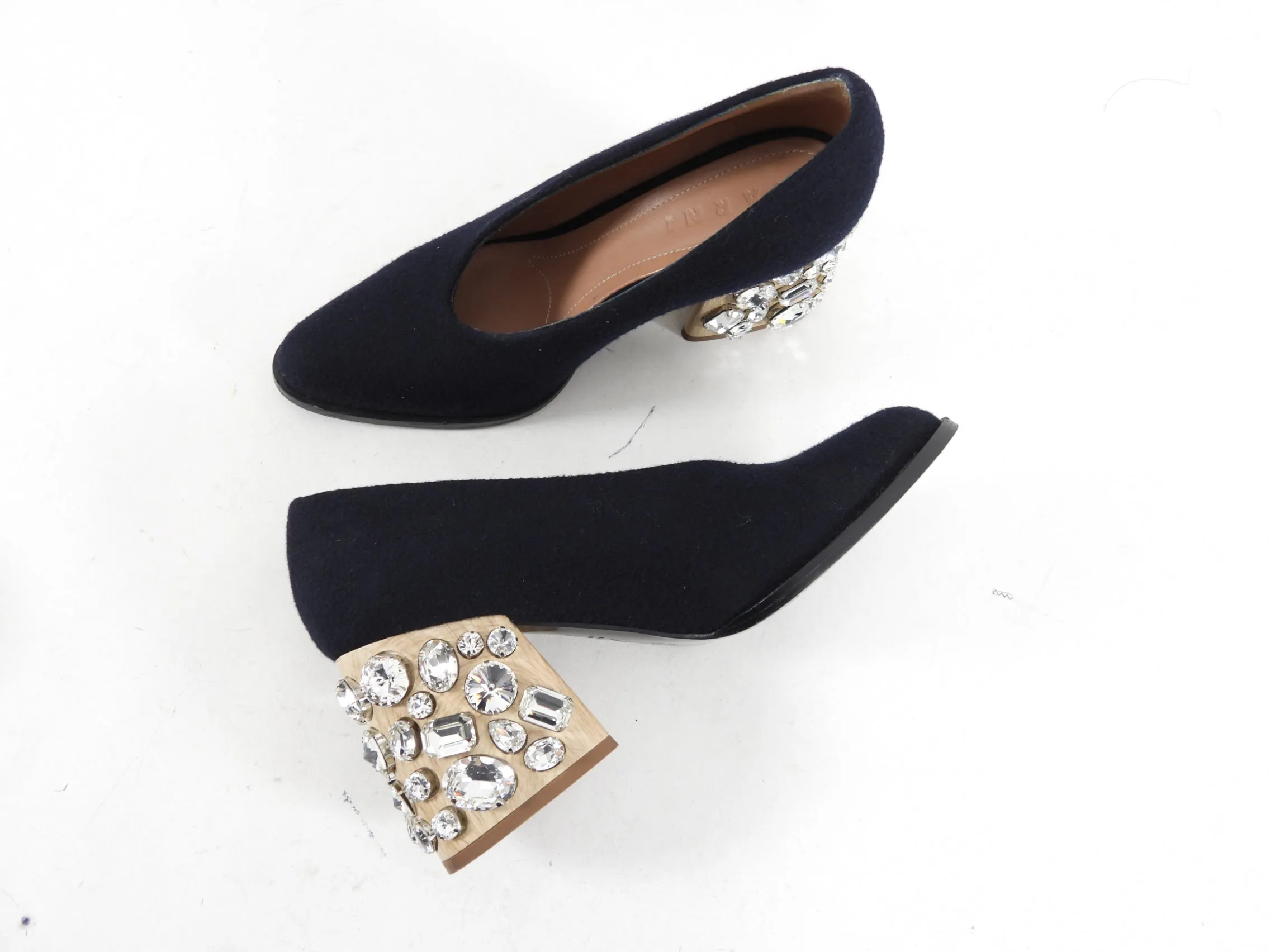 Marni Felt Wool Pumps with Crystal Wood Block Heel - 37.5