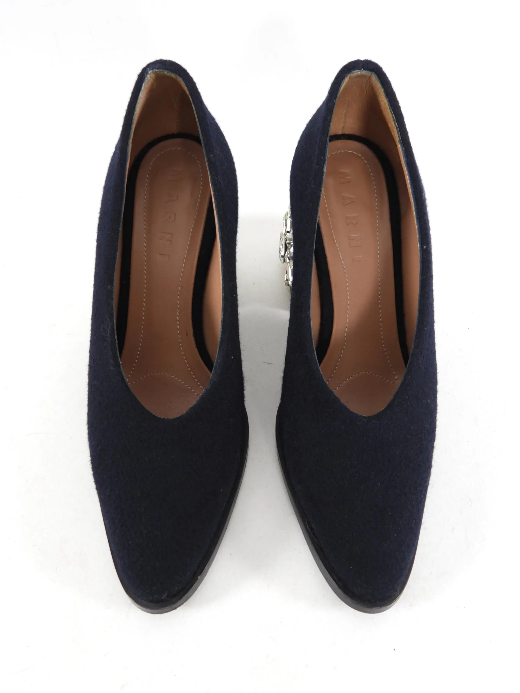 Marni Felt Wool Pumps with Crystal Wood Block Heel - 37.5