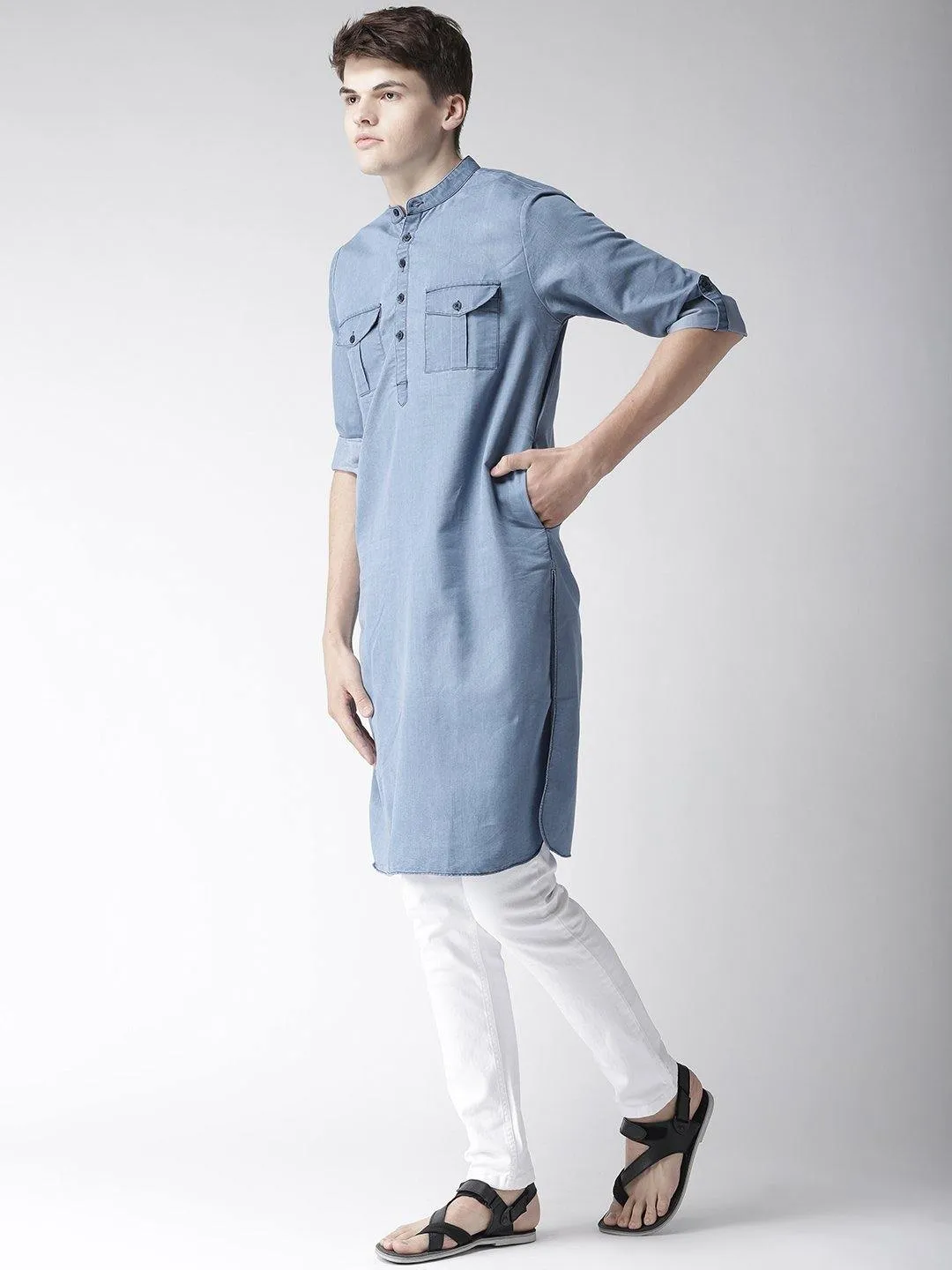 Men Blue Solid Denim Pathani Kurta