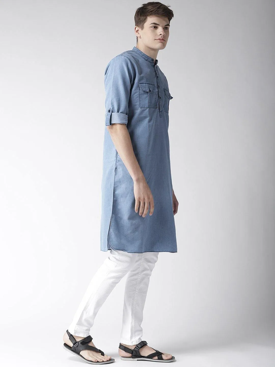 Men Blue Solid Denim Pathani Kurta