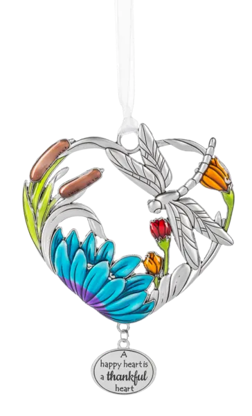 Metal Multicolored Dragonfly Ornament - A happy heart is a thankful heart