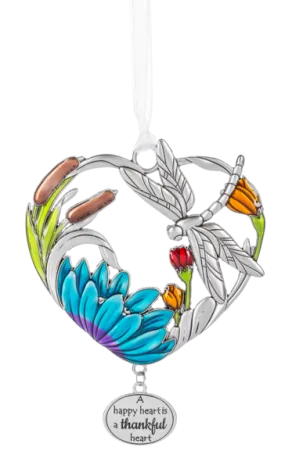 Metal Multicolored Dragonfly Ornament - A happy heart is a thankful heart