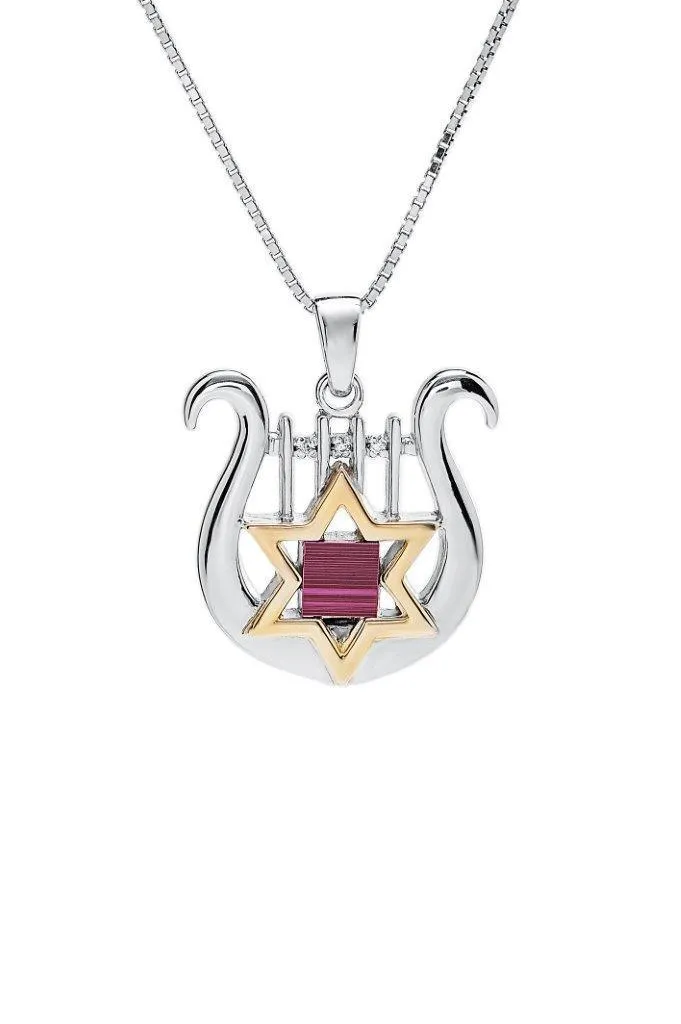 Nano Sim OB Silver and 9K Gold Pendant - David's Harp and Star of David From The Holy Land