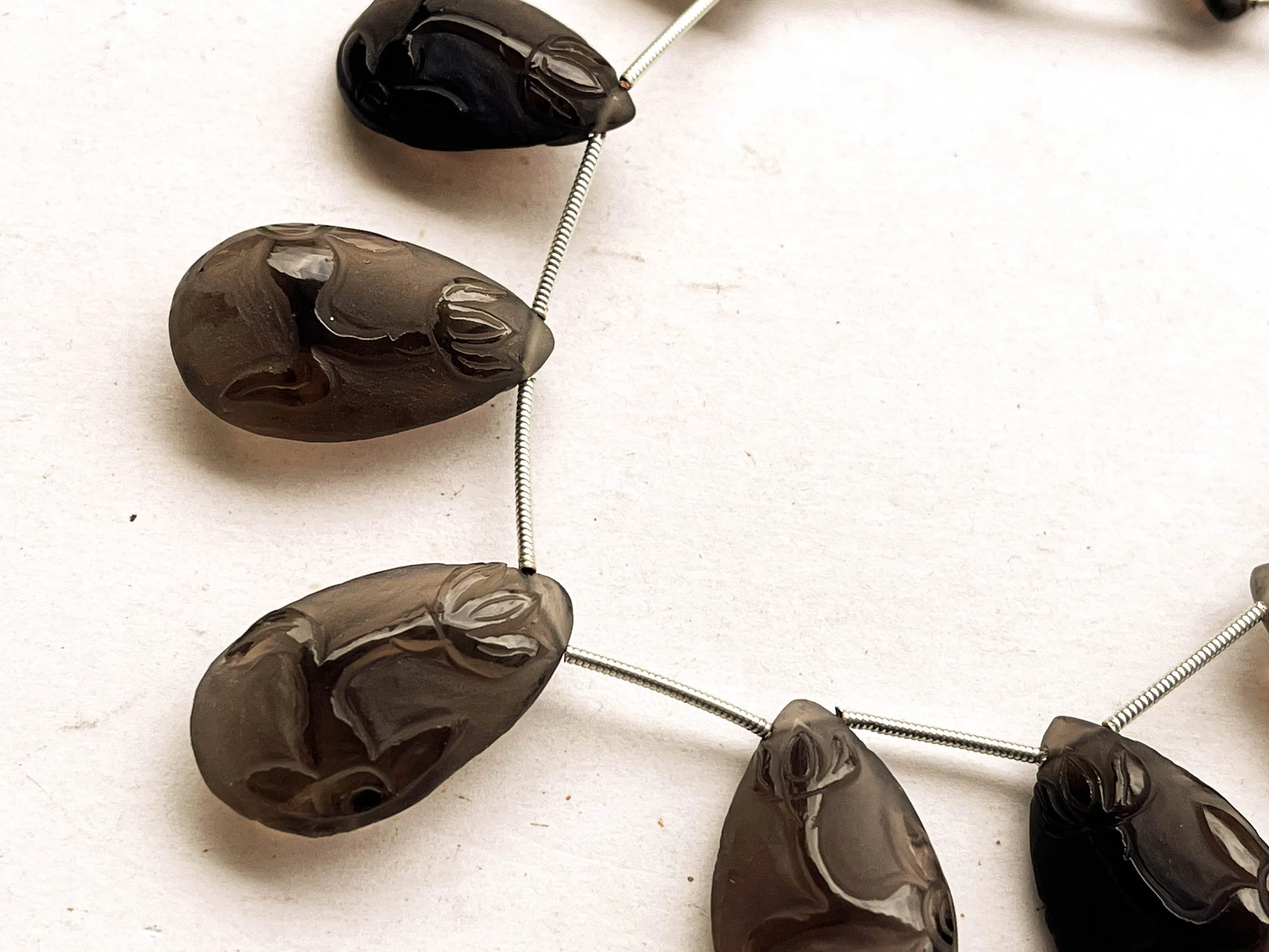 Natural Smoky Quartz Carved Frosted Pear Shape Beads