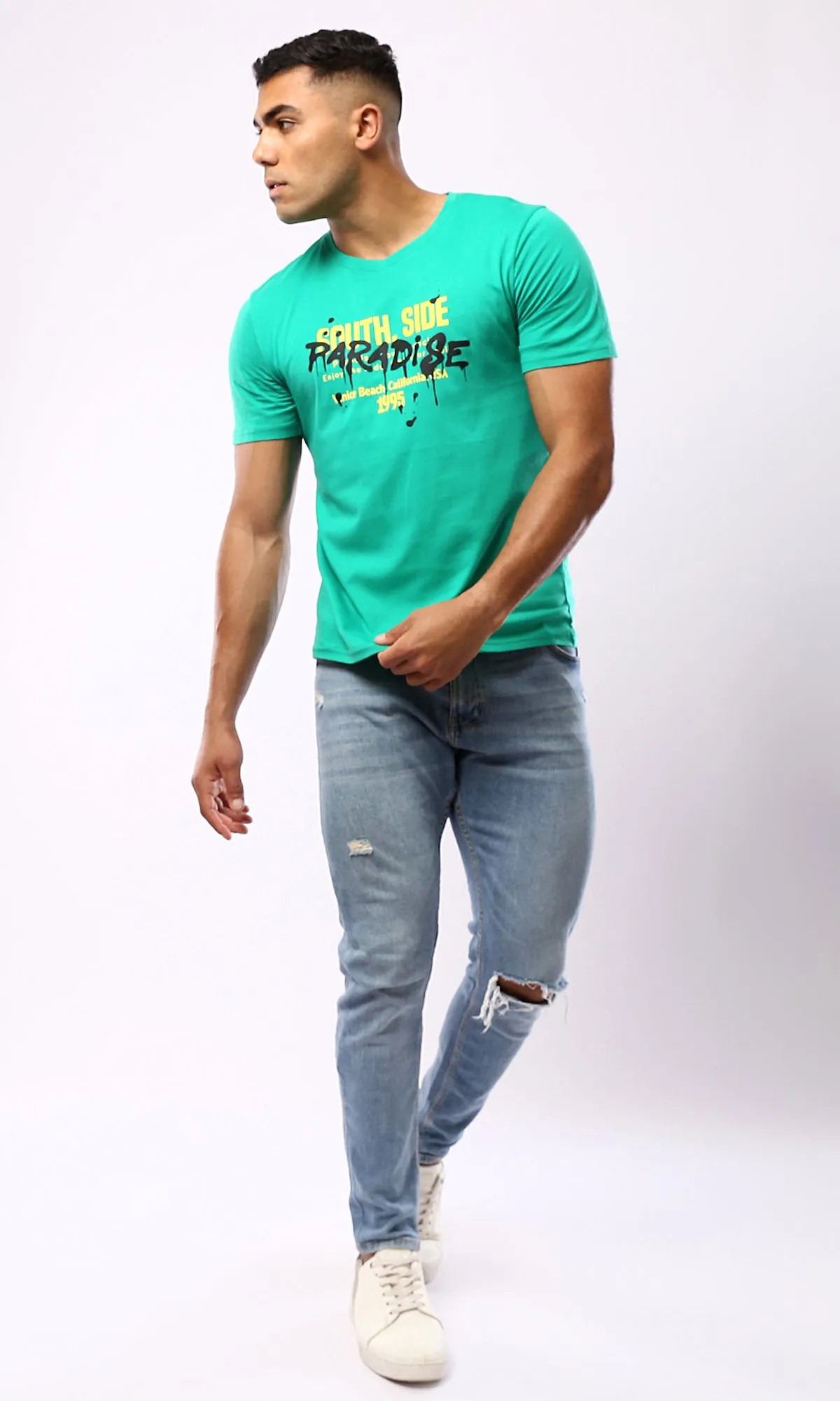 O179023 Light Green Slip On Regular Fit Cotton Tee