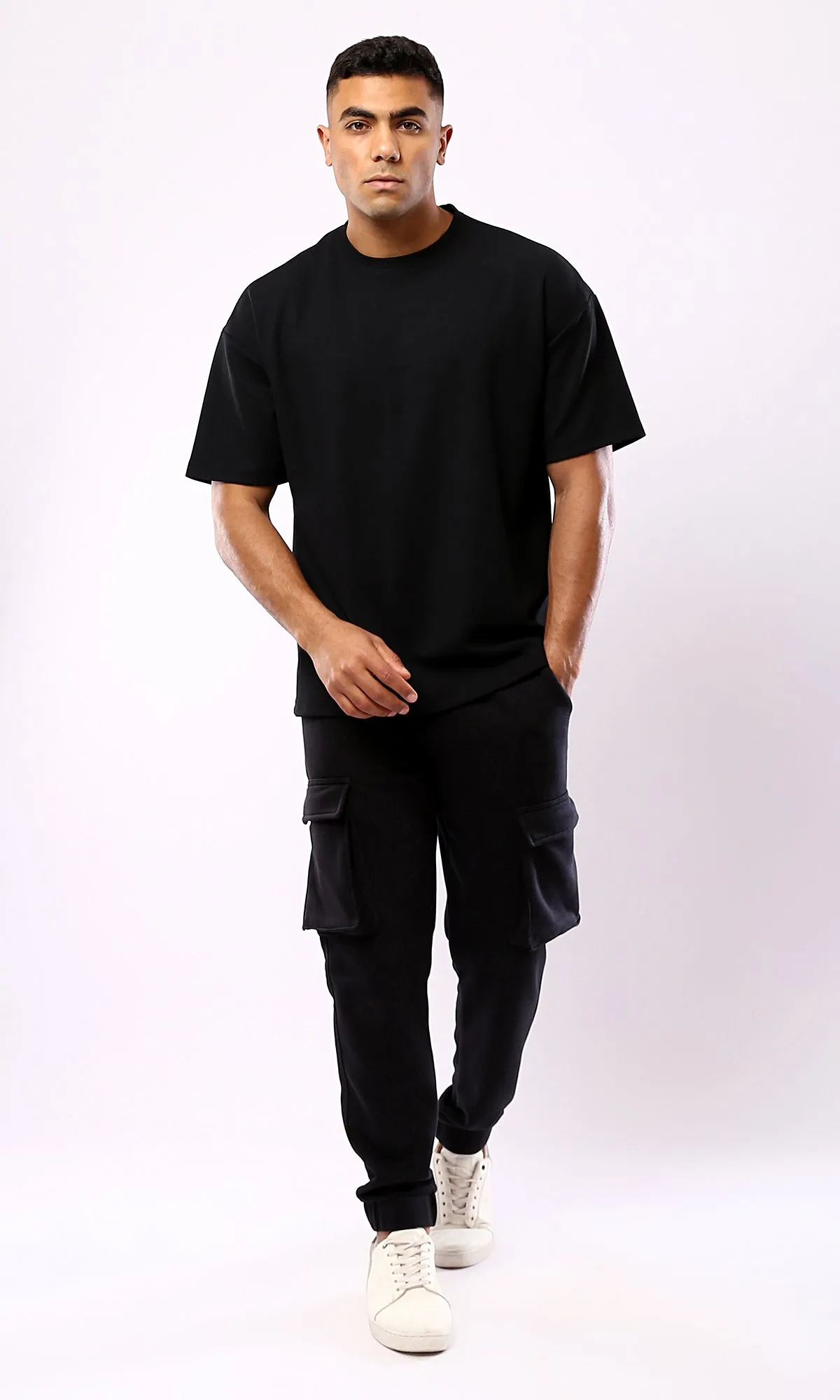 O182737 Relaxed Fit Black Tee With Elbow Sleeves