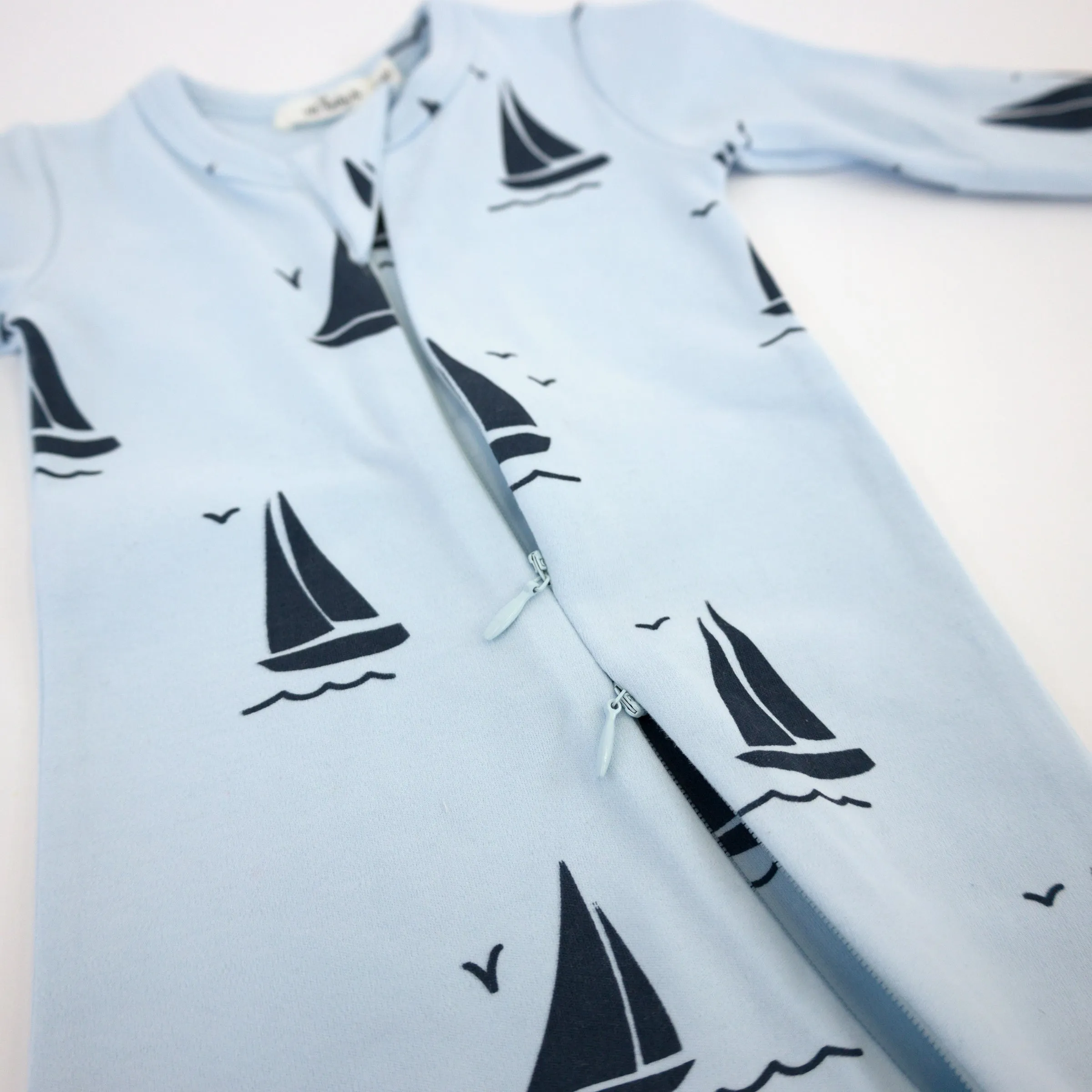 oh baby! Cotton Baby Rib Zipper Footie - Sailboat Print - Sky Blue