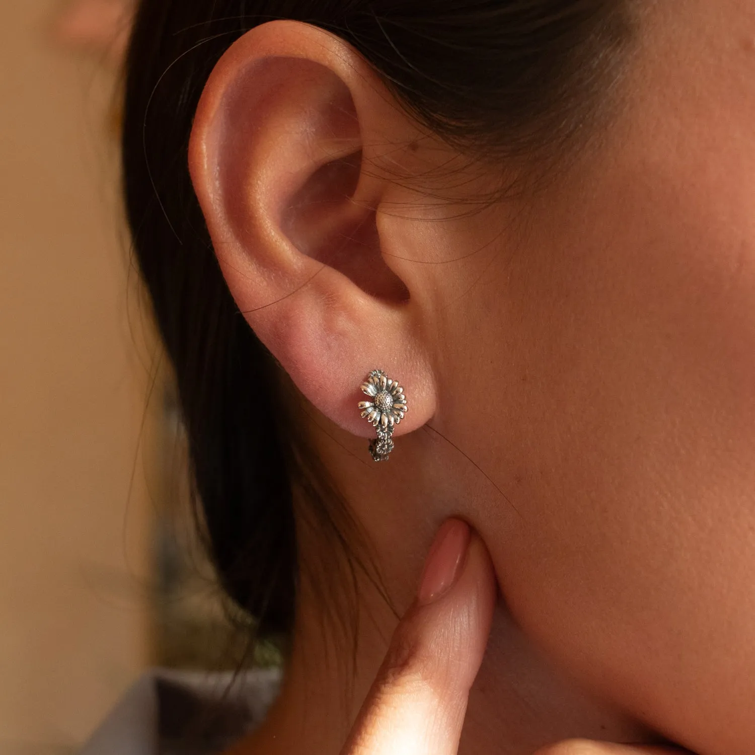 Oxidized Silver Flower Click Hoops