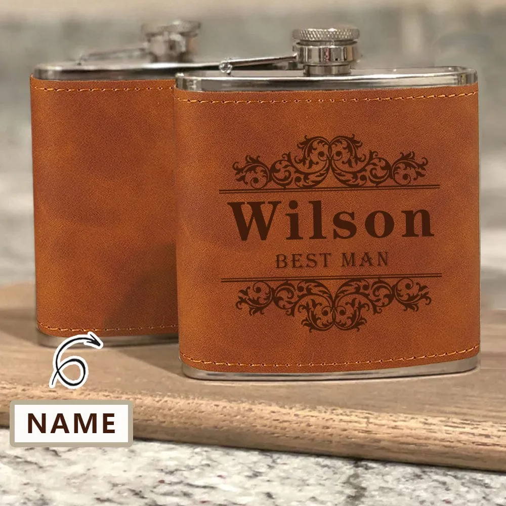 Personalized Leather Flask 6 OZ Custom Name Best Man Hip Flask for Father's Day Gift for Dad Personalized Gift for Him