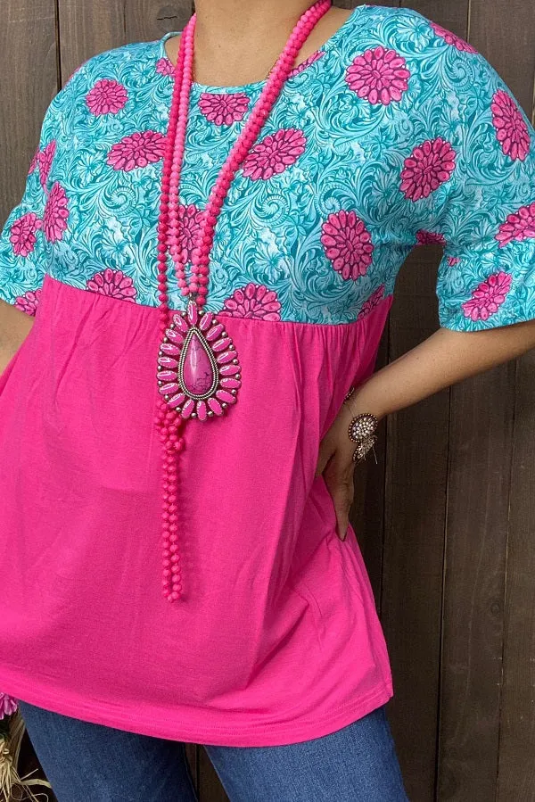 Pink concho & Turquoise tooled leather print top