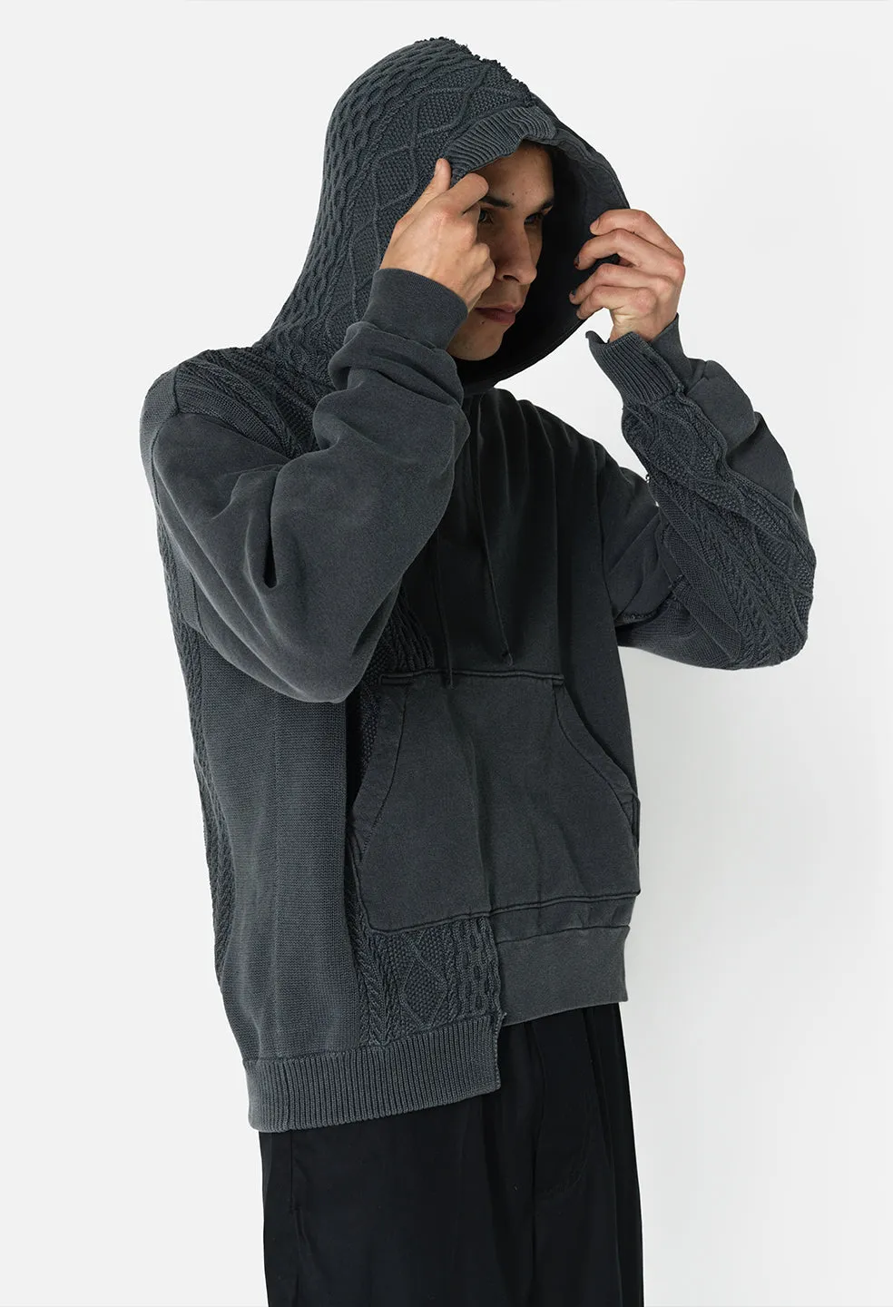 Reconstructed Cable Knit Hoodie / Washed Black