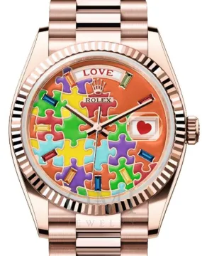 ROLEX DAY-DATE 36 PRESIDENT ROSE GOLD JIGSAW EMOJI PUZZLE DIAL 128239 WITH ROSE GOLD PRESIDENT OYSTER BRACELET