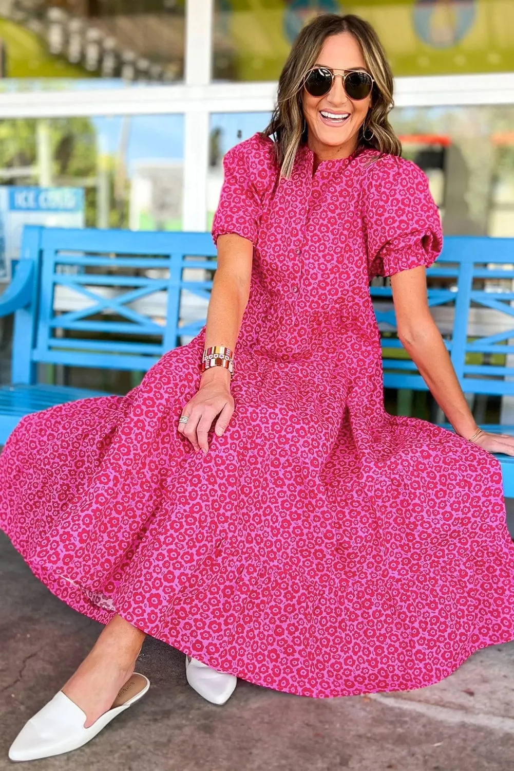 Rose Red Flower Mock Neck Puff Sleeve Tiered Maxi Dress