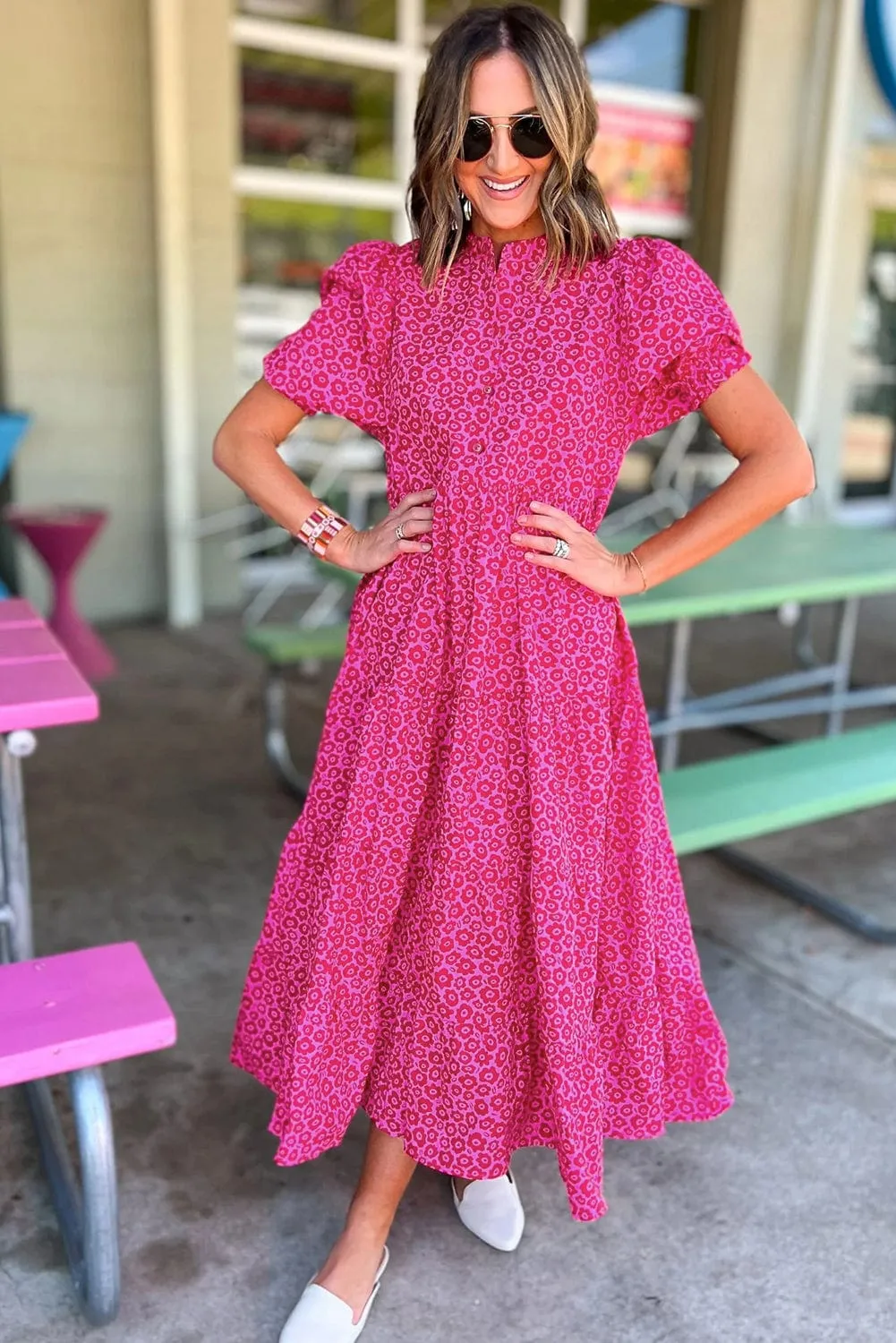 Rose Red Flower Mock Neck Puff Sleeve Tiered Maxi Dress