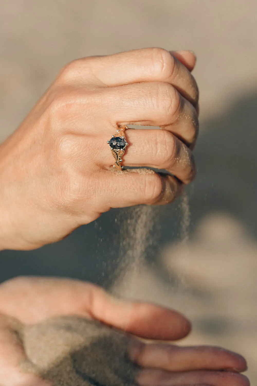 Salt and pepper diamond engagement ring, gold leaves engagement ring / Freesia