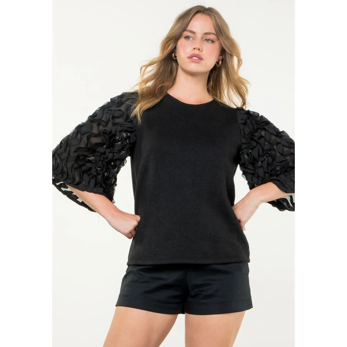 Sasha Black Textured Puff Sleeve THML Top