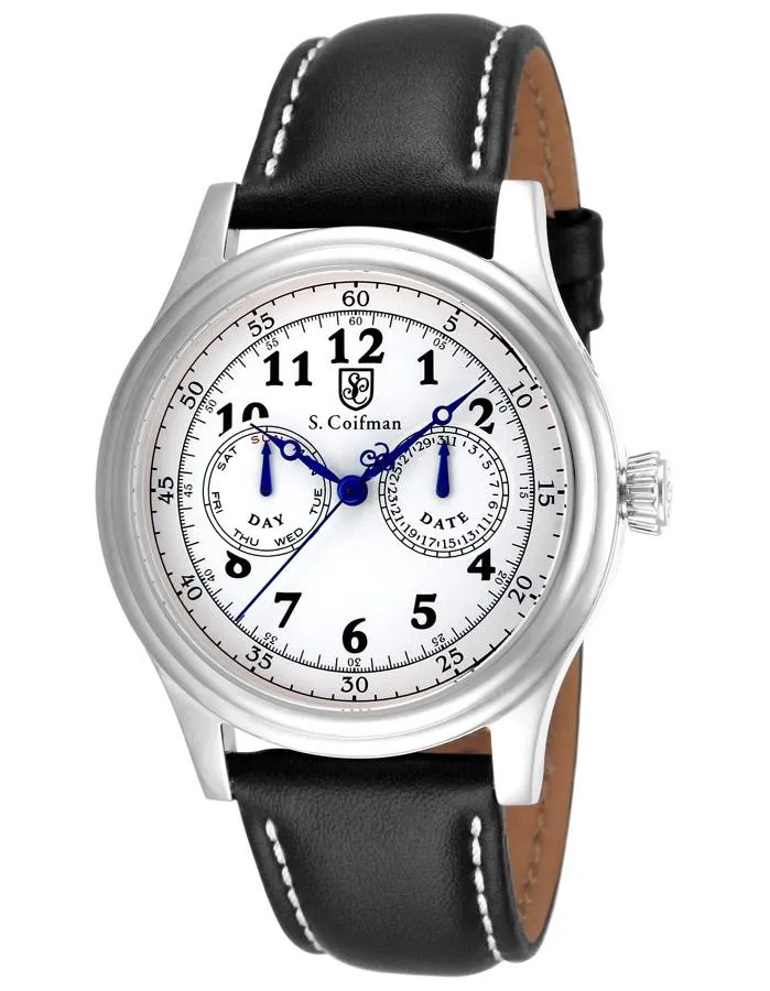 S.Coifman Military Mens Day/Date - Stainless Steel - White Dial - Black Leather