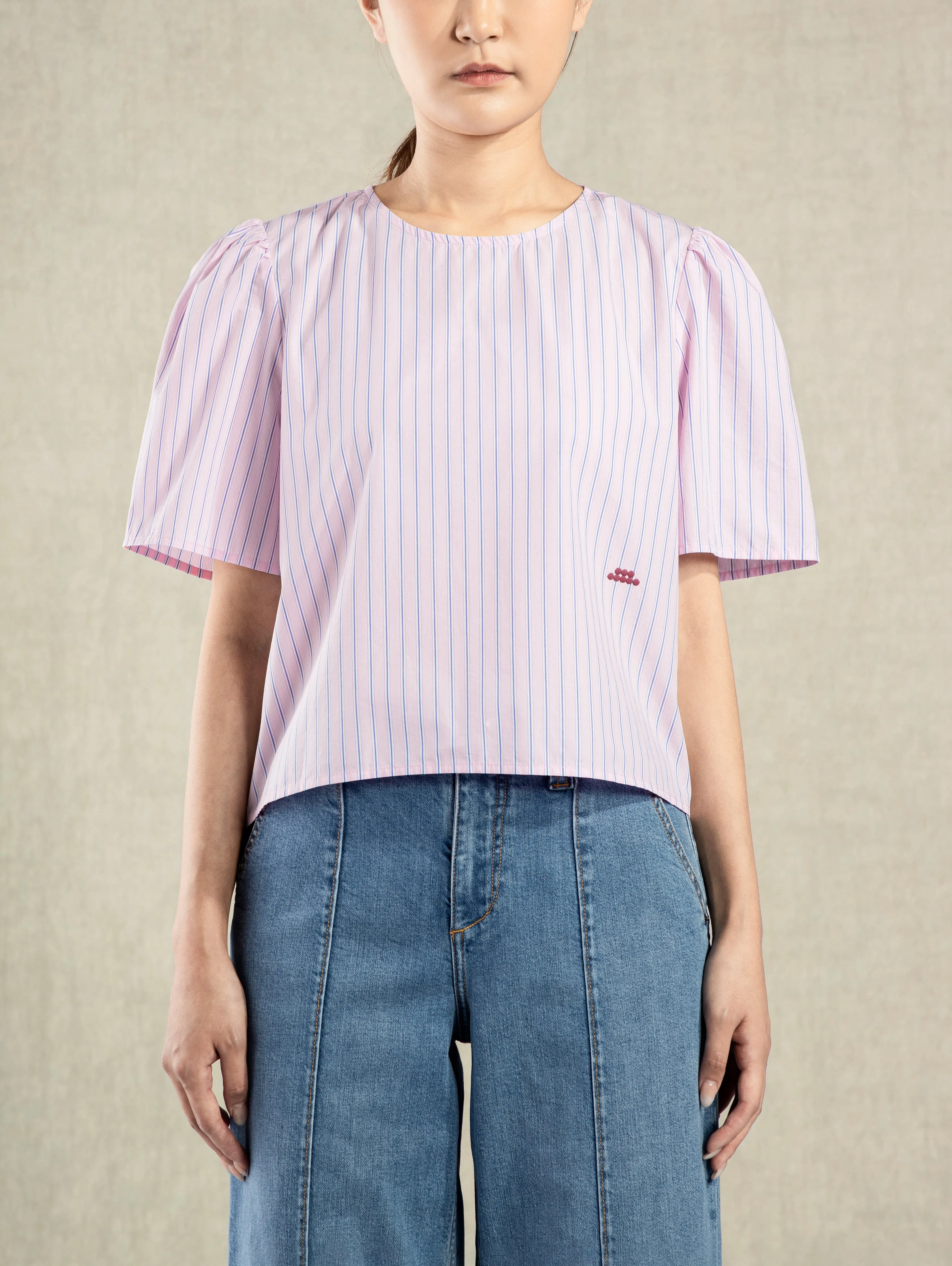 Striped Puff Sleeve Blouse Blushing Pink Stripe