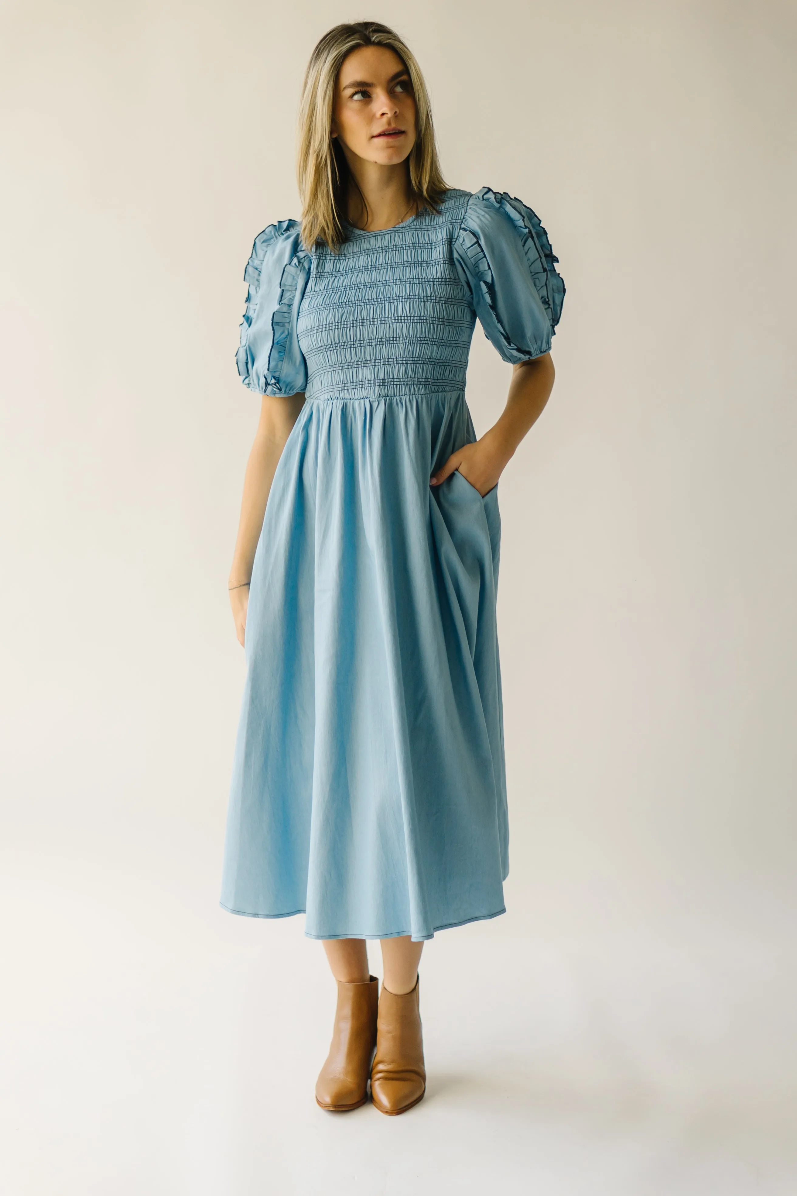 The Glenburn Smocked Detail Midi Dress in Light Denim