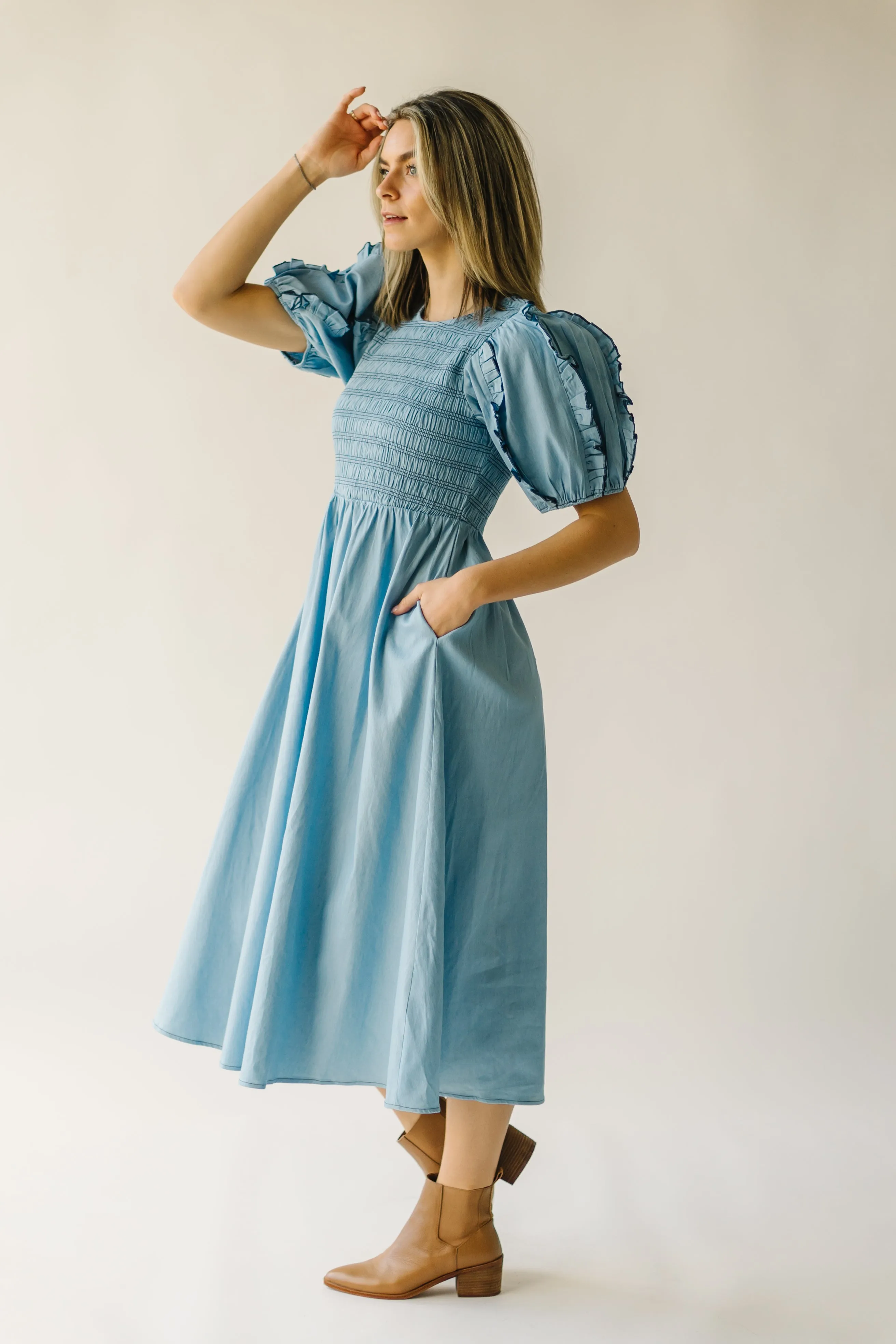 The Glenburn Smocked Detail Midi Dress in Light Denim