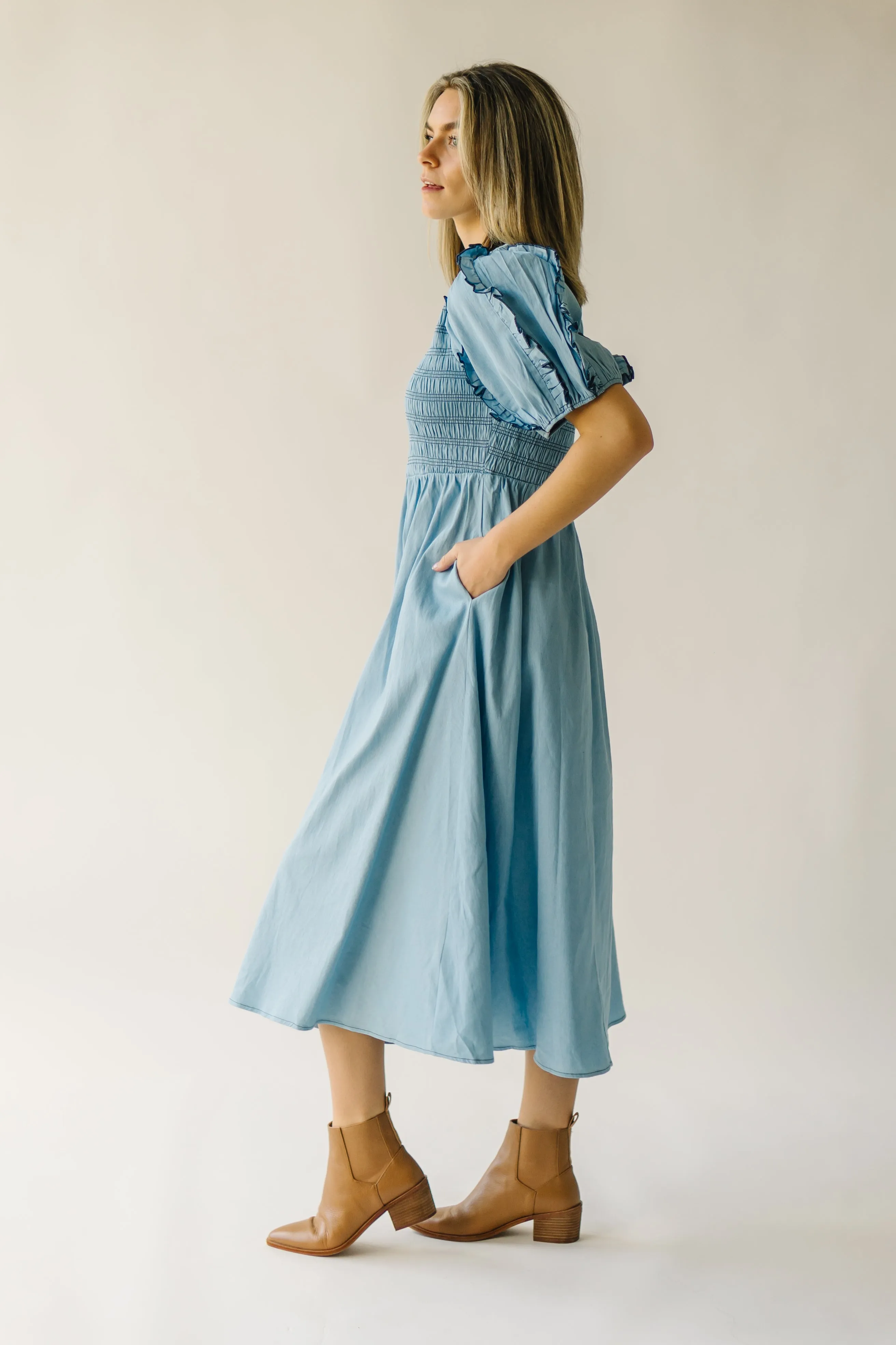 The Glenburn Smocked Detail Midi Dress in Light Denim