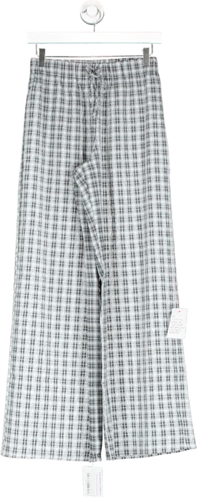 Topshop Grey Seersucker Check Wide Leg Trouser In Blue UK 8